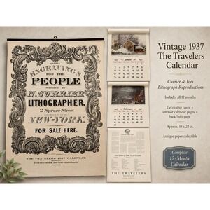 Vintage 1937‎ Travelers Insurance Calendar Currier and Ives Lithographs 16x22